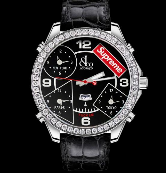 Jacob and Co Replica Watch Supreme Four Time Zone BLACK LACQUERED DIAL (47MM)